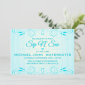 Sip en See Modern Blue Flourish Stripes Invite Kaart (Staand voorkant)