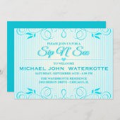Sip en See Modern Blue Flourish Stripes Invite Kaart (Voorkant / Achterkant)