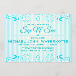 Sip en See Modern Blue Flourish Stripes Invite Kaart