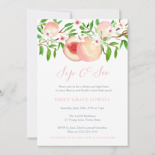 Sip en See uitnodigingen; Sweet Little Peach Girl Kaart (Voorkant)