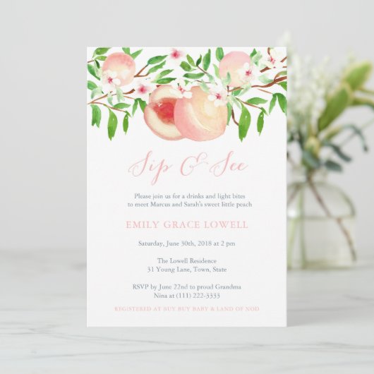 Sip en See uitnodigingen; Sweet Little Peach Girl Kaart (Staand voorkant)