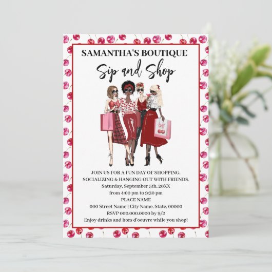 Sip en Shop Pop-Up Shop Kersen Uitnodiging (Staand voorkant)
