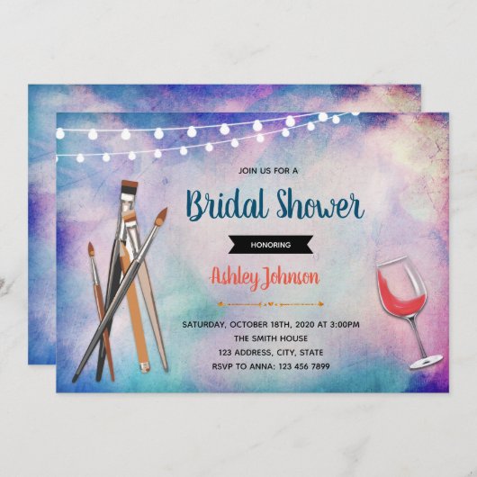 Sip en verf bruids douche uitnodiging (Voorkant / Achterkant)