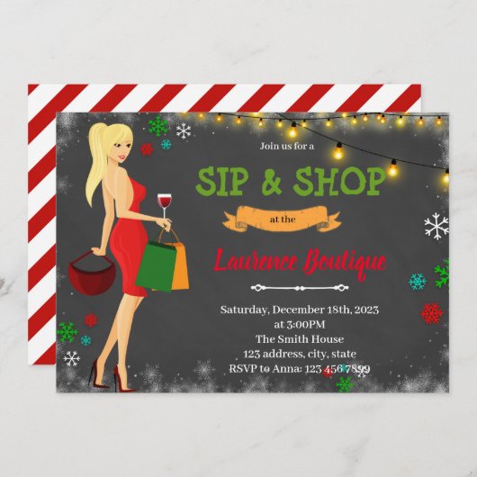 Sip en winkel kerstuitnodiging bedankkaart (Voorkant / Achterkant)