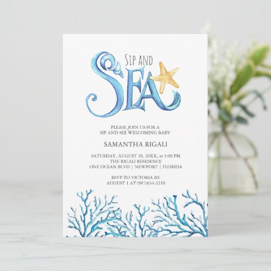 Sip en Zee Uitnodigingen Waterverf Ocean Theme (Staand voorkant)