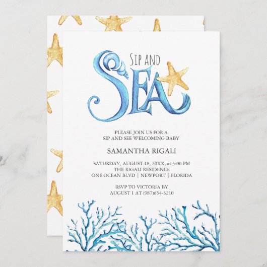 Sip en Zee Uitnodigingen Waterverf Ocean Theme (Voorkant / Achterkant)
