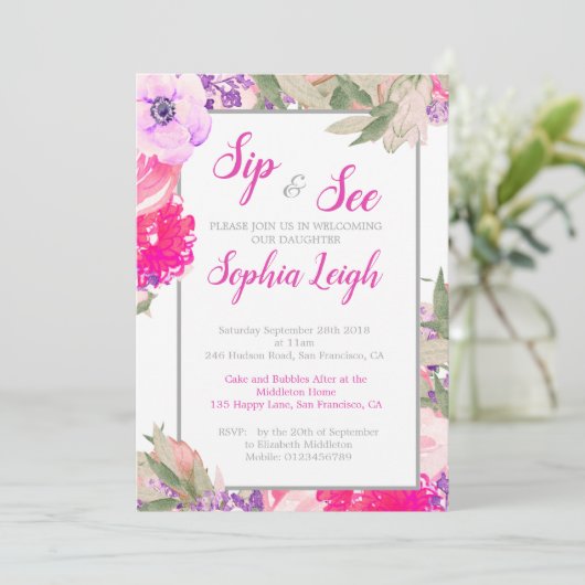 Sip en zie Baby Floral Rozen Roze Kaart (Staand voorkant)