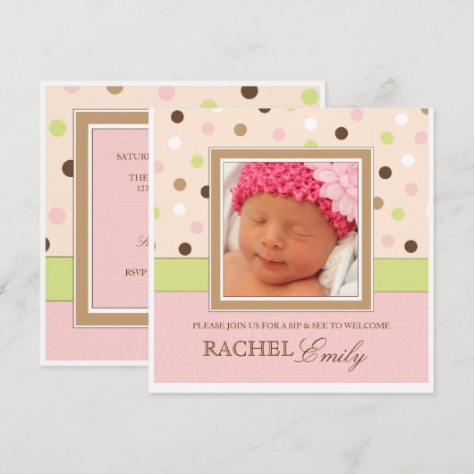 Sip en Zie Baby Girl Foto PolkaDot Uitnodiging (Voorkant / Achterkant)