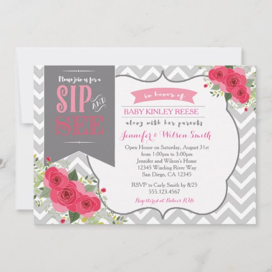 Sip en zie Baby Girl Shower Invitation Pink Kaart (Voorkant)