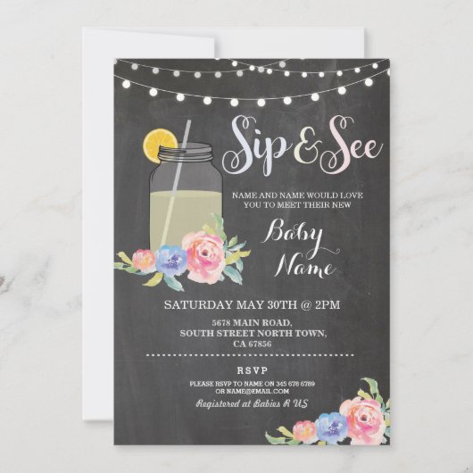 Sip en zie Baby shower Floral Chalk Rustic Invite Kaart (Voorkant)
