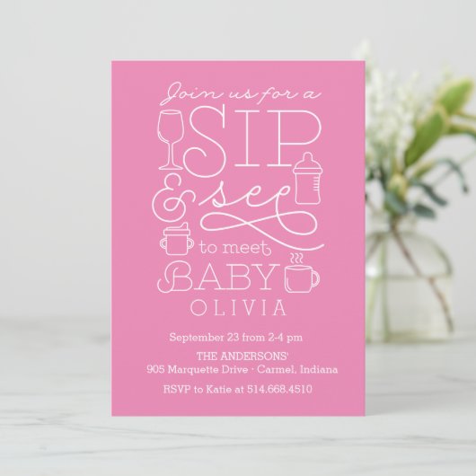 Sip en zie Baby Shower Invitation Girl Kaart (Staand voorkant)