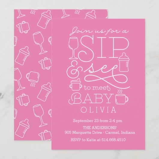 Sip en zie Baby Shower Invitation Girl Kaart (Voorkant / Achterkant)