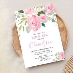 Sip en zie bloemenrozen blozen roze waterverven kaart