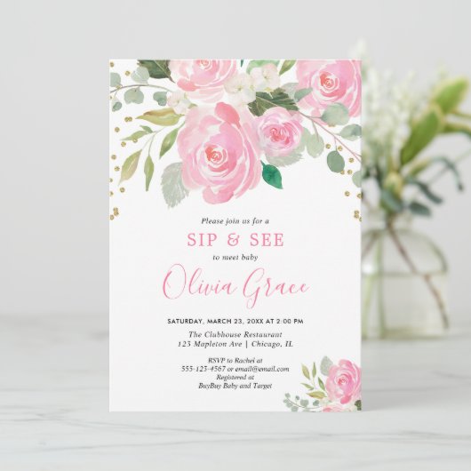 Sip en zie bloemenrozen blozen roze waterverven kaart (Staand voorkant)