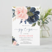 Sip en zie meisje blozen roze marineblauwe bloemen kaart (Staand voorkant)