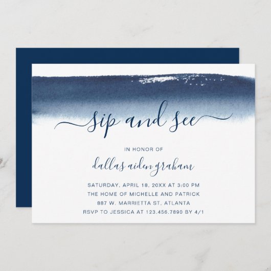 Sip en zie Navy Blue Waterverf Baby Boy Kaart (Voorkant / Achterkant)