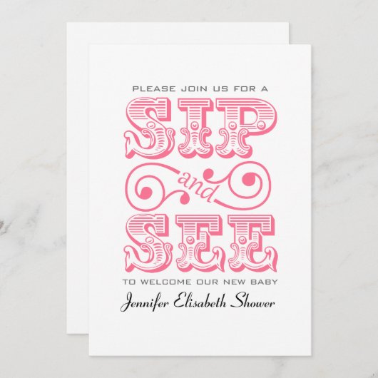 Sip en zie partijroze Baby shower-uitnodiging Kaart (Voorkant / Achterkant)