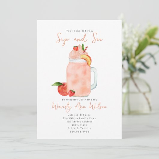 Sip en zie Perzige Nieuwe Baby Kaart (Staand voorkant)