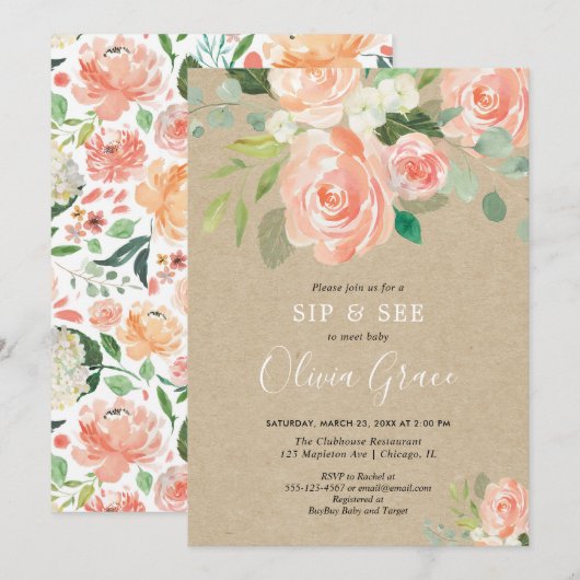 Sip en zie perzik Rustic kraft greenery girl baby Kaart (Voorkant / Achterkant)