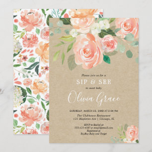 Sip en zie perzik Rustic kraft greenery girl baby Kaart