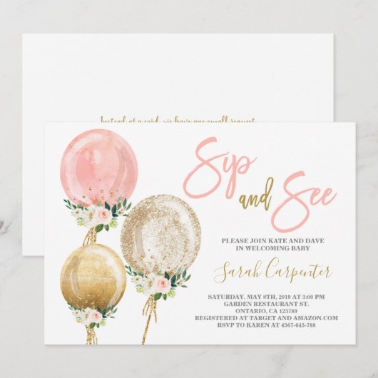 Sip en Zie roze ballonnen baby shower meisje Invit Kaart (Voorkant / Achterkant)