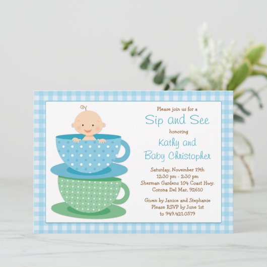 Sip en zie uitnodiging tot Baby shower (Staand voorkant)