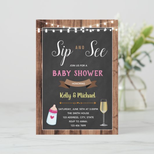 Sip en zie uitnodiging voor damesdouche (Staand voorkant)