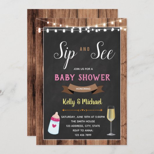 Sip en zie uitnodiging voor damesdouche (Voorkant / Achterkant)