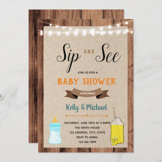 Sip en zie uitnodiging voor de douchepartij in lim (Voorkant / Achterkant)