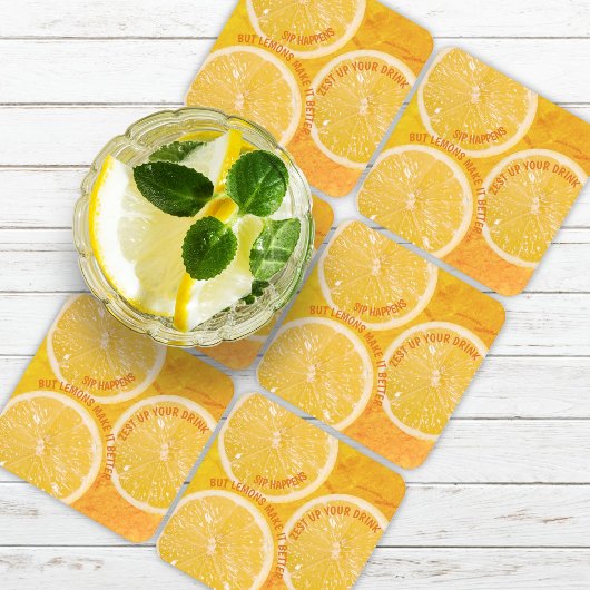 "Sip Happens" Leuke Lemon Slice Cocktail Set van 6 Kartonnen Onderzetters
