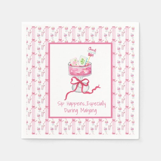 Sip Happens Mahjong Roze Drink Waterverf Tegels Servet (Voorkant)