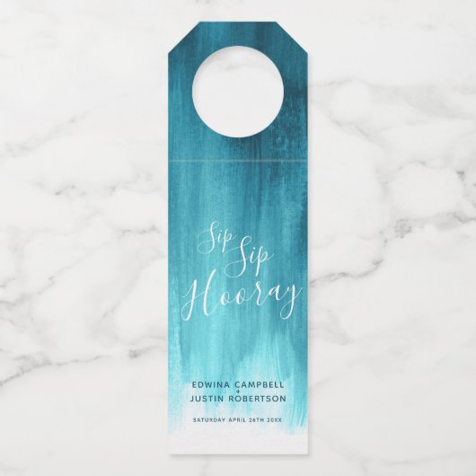 Sip hooray aangepaste bruiloft abstracte blauwgroe flessenhanger (Voorkant)