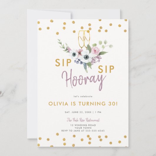 Sip Hooray Bubbly Bloemen Rozen Goud 30e Verjaarda Kaart (Voorkant)