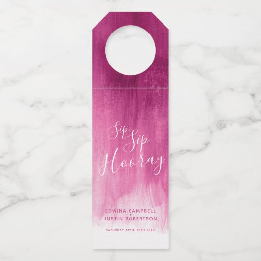 Sip hooray gepersonaliseerde bruiloft abstract roz flessenhanger (Voorkant)