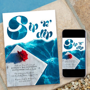 Sip n Dip Pool Party Groovy Typografie Zomer Kaart