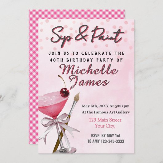 Sip & Paint 40ste verjaardag uitnodiging (Voorkant / Achterkant)
