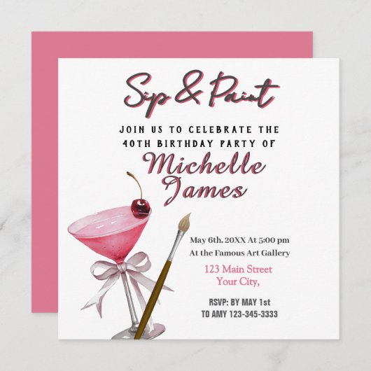 Sip & Paint Art 40e verjaardag uitnodiging (Voorkant / Achterkant)