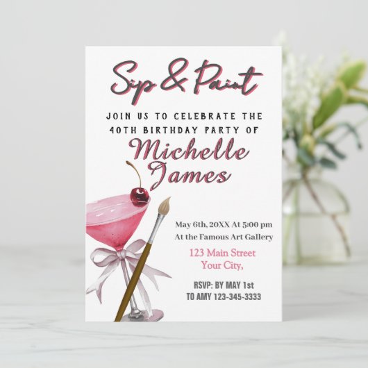 Sip & Paint Art 40e verjaardag uitnodiging (Staand voorkant)