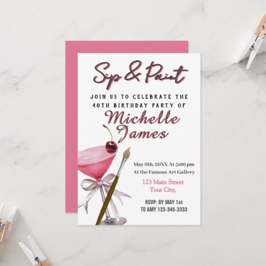 Sip & Paint Art 40e verjaardag uitnodiging (Voorkant / Achterkant in situ)