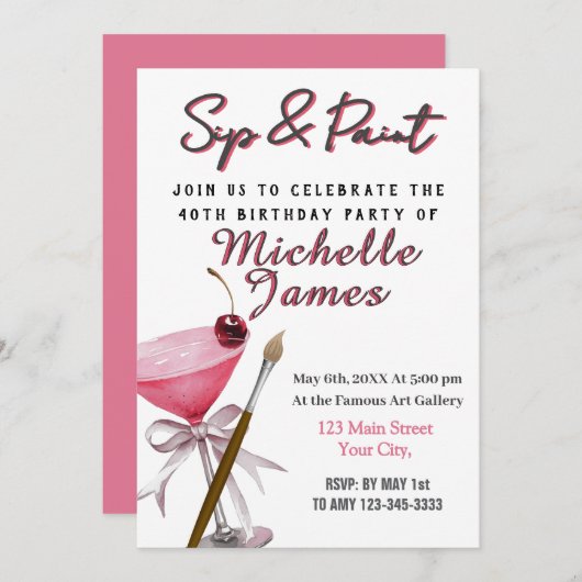 Sip & Paint Art 40e verjaardag uitnodiging (Voorkant / Achterkant)