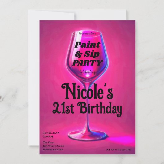 Sip & Paint Roze Wijnglas 21ste Verjaardagsfeest Kaart (Voorkant)