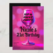 Sip & Paint Roze Wijnglas 21ste Verjaardagsfeest Kaart (Voorkant / Achterkant)
