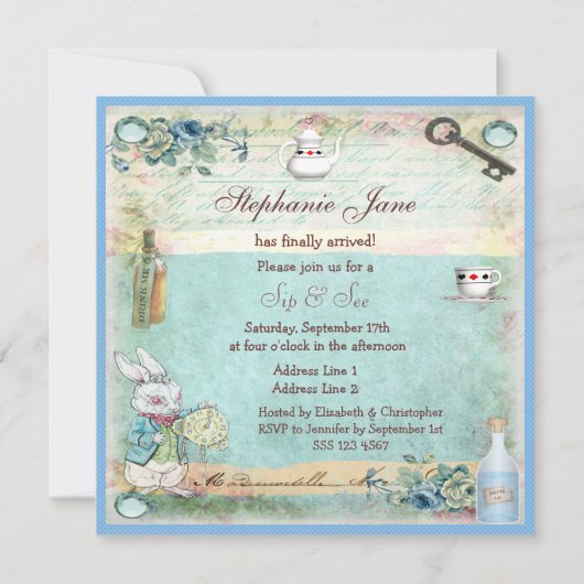 Sip & See  Alice in Wonderland Baby shower Kaart (Achterkant)