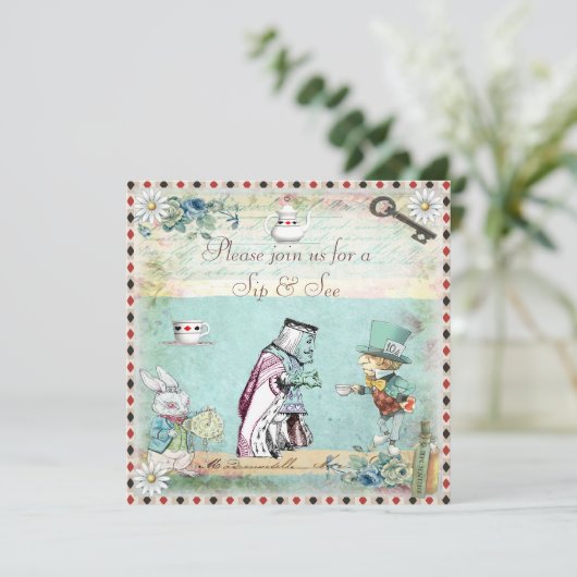 Sip & See Alice in Wonderland Baby shower Kaart (Staand voorkant)