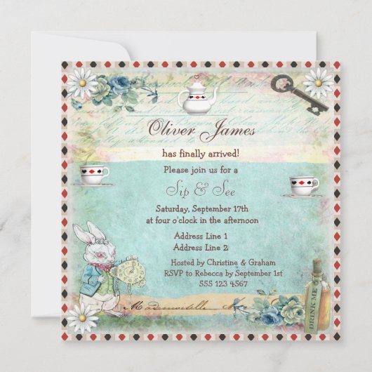 Sip & See  Alice in Wonderland Baby shower Kaart (Achterkant)