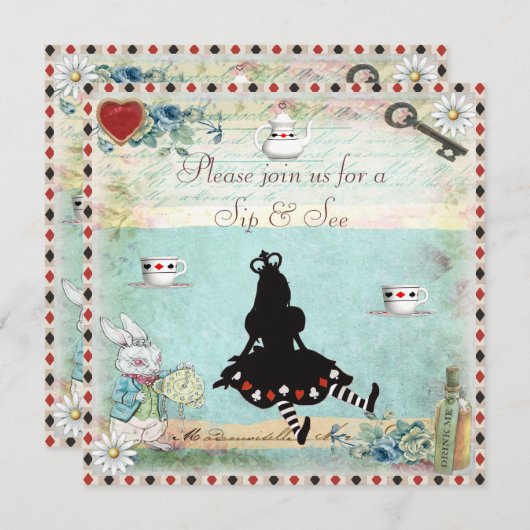 Sip & See Alice in Wonderland Baby shower Kaart (Voorkant / Achterkant)