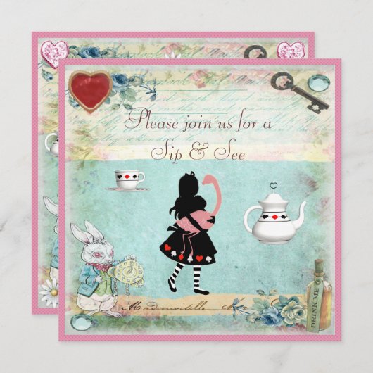 Sip & See  Alice in Wonderland Baby shower Kaart (Voorkant / Achterkant)