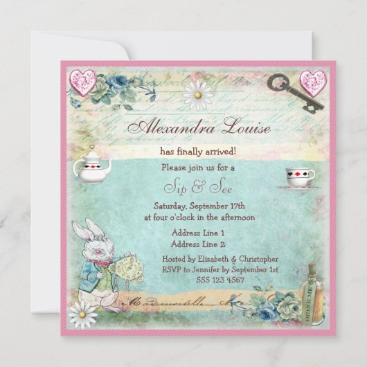 Sip & See Alice in Wonderland Baby shower Kaart (Achterkant)