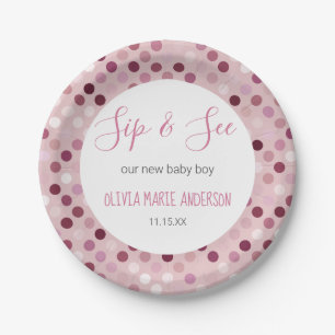 Sip & See Baby Girl Shower Pink Polka Dots Papieren Bordje