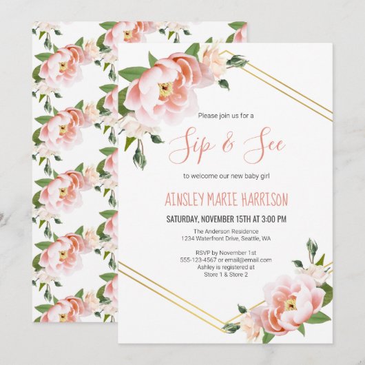 Sip & See Baby Meisje Blush Bloemen Baby shower Kaart (Voorkant / Achterkant)